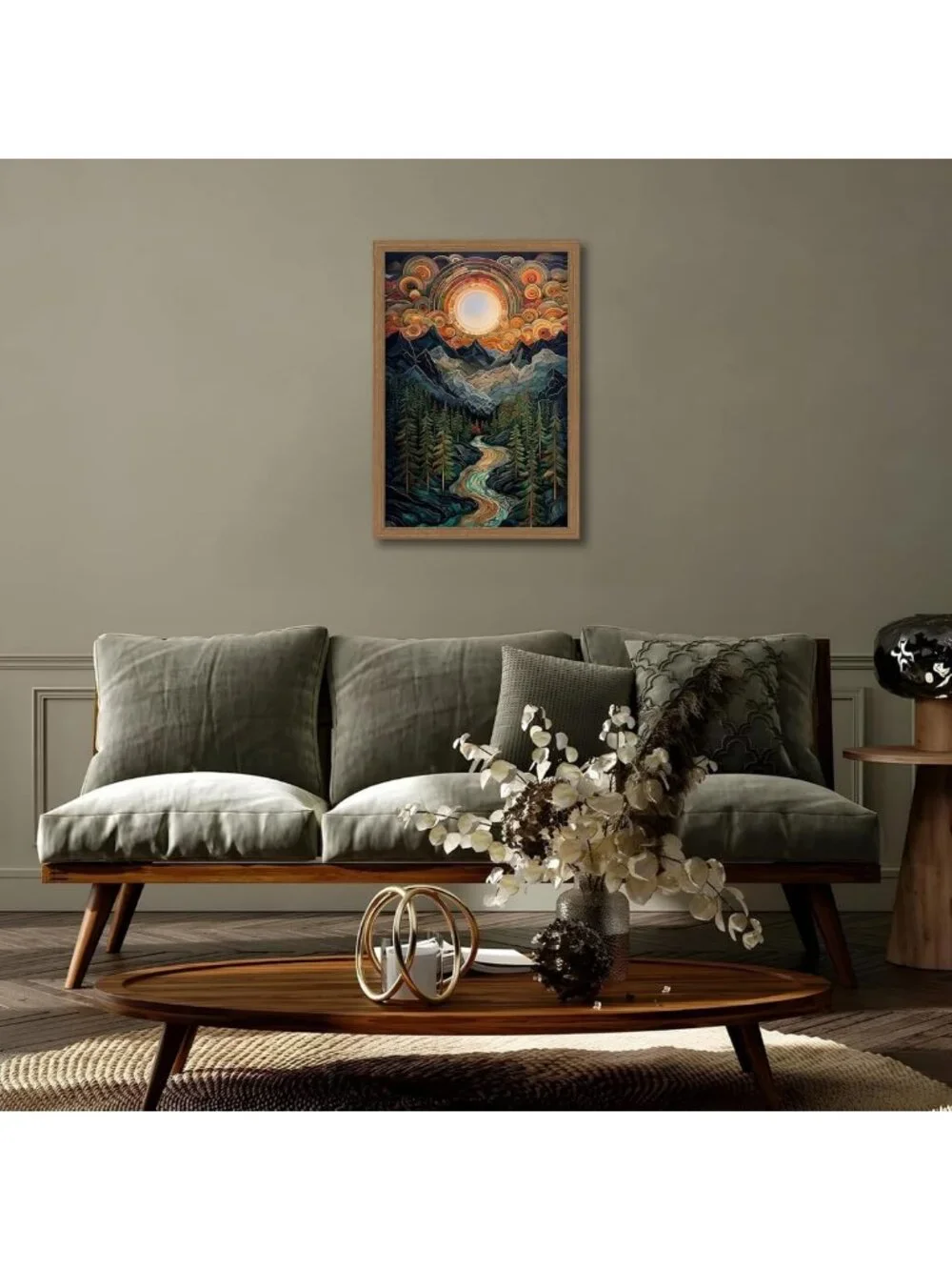 Psychedelic Mountain River Wall Art | Celestial Sun Forest Canvas Decor